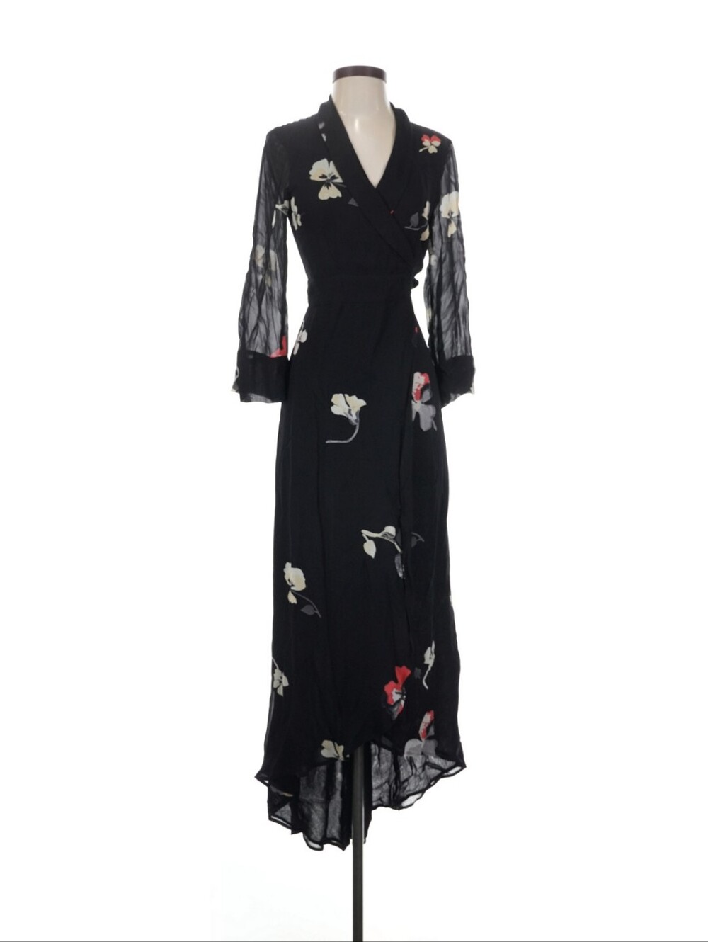 Ganni Black Wrap High-Low Dress with Cream and Red Floral Accents